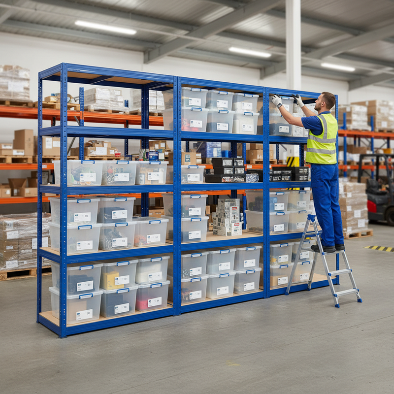 3x Heavy Duty Shelving Units - 2130mm High - Blue with 12x 33.5L Storage Boxes