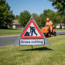 Professional Heavy Duty Grass Cutting Roll-Up Sign with PVC Face and Galvanized Steel Frame for Landscapers and Grounds Maintenance