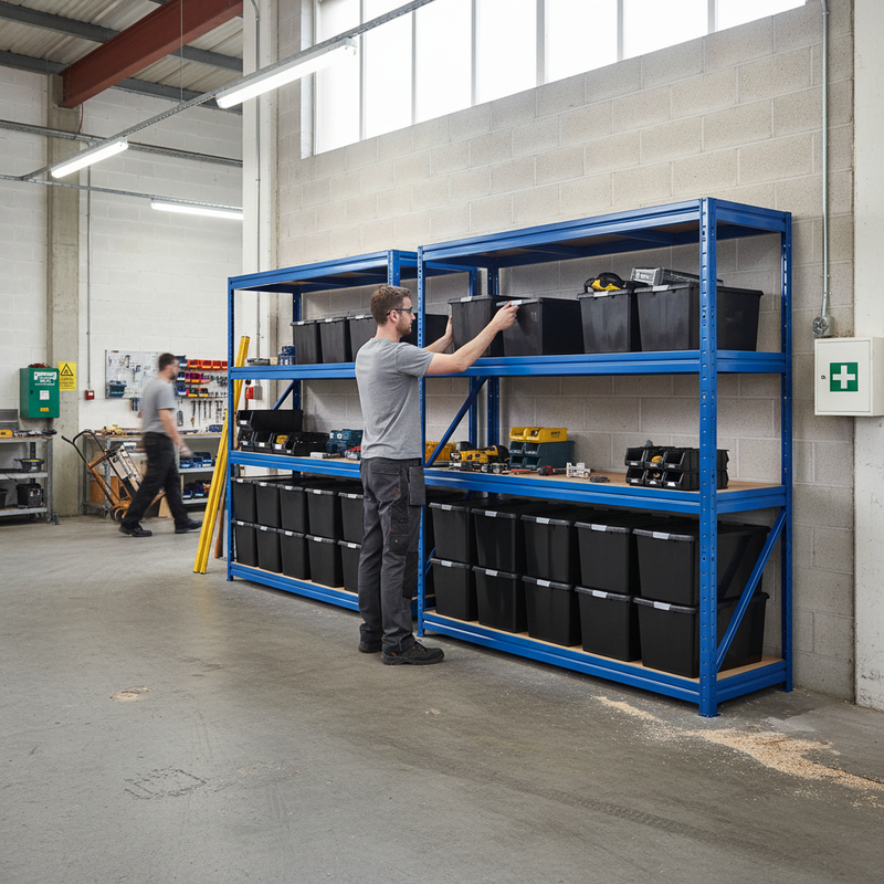 2x Heavy Duty Shelving - 1770mm High - Blue with 12x 37L Plastic Storage Boxes