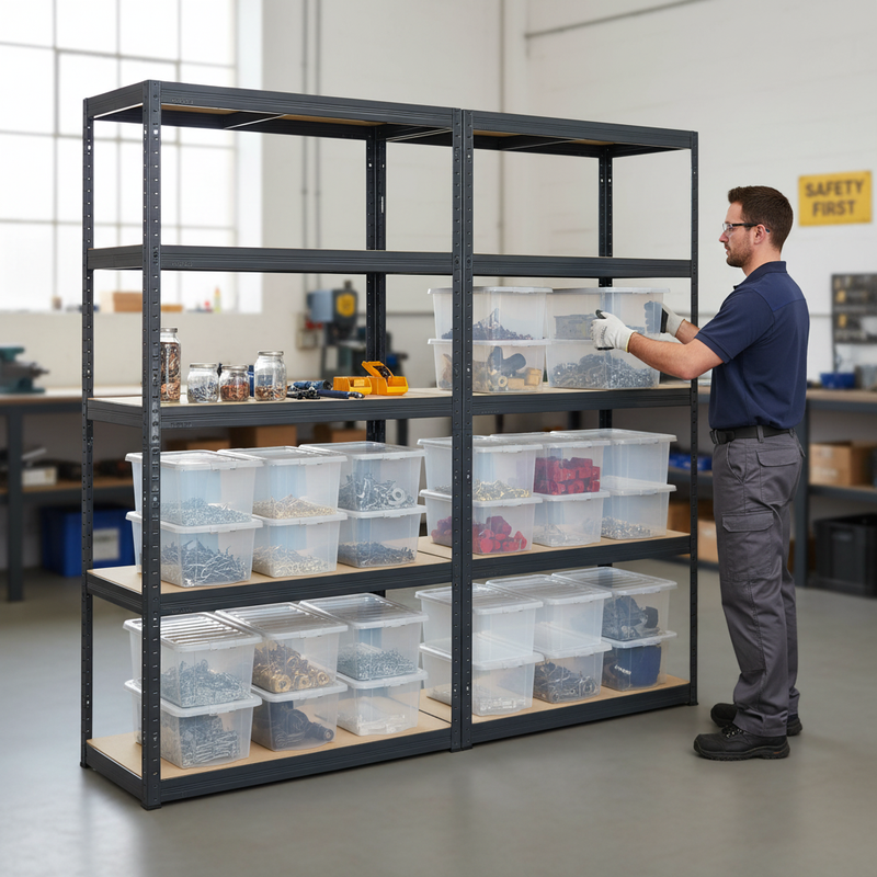 Heavy Duty Shelving Unit with 12x 60L Plastic Storage Boxes - 1800mm High - Grey