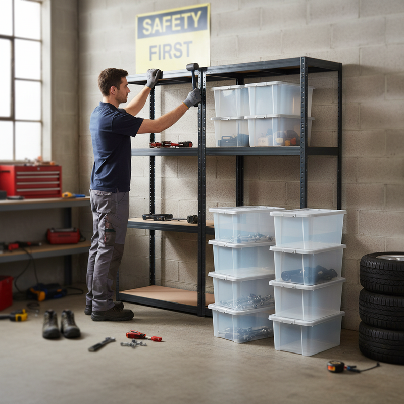 Professional Heavy Duty Shelving Unit with 8x 60L Plastic Storage Boxes - 1600mm High