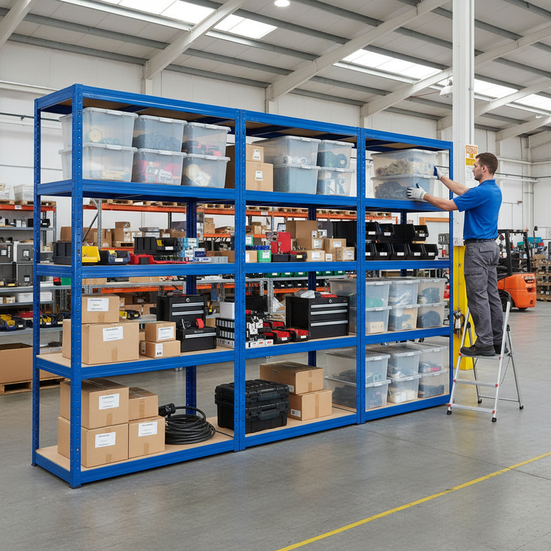 3x Heavy Duty Shelving Unit - 1800mm High with 12x 60L Plastic Storage Boxes