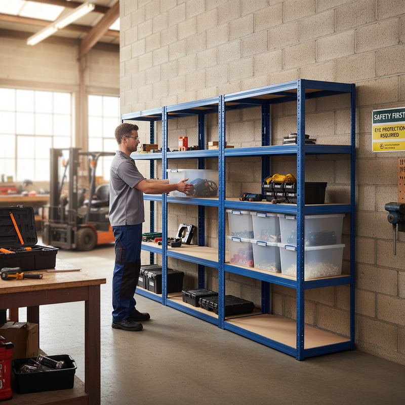 Heavy Duty 4x Shelving Units - 1800mm High - Blue with 8x 33.5L Storage Boxes