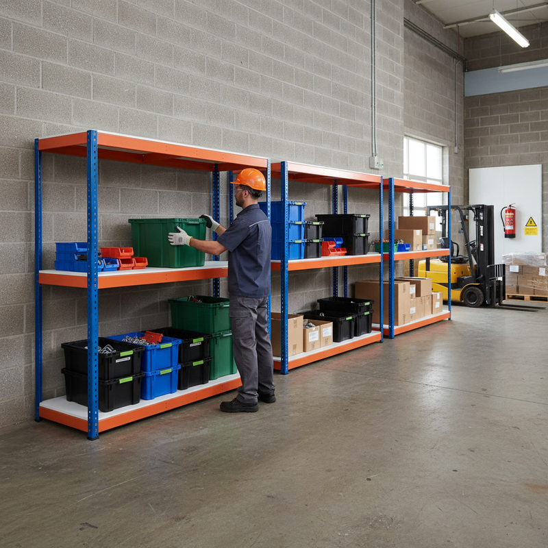 Heavy Duty 4x Industrial Shelving - 1677mm High - 400kg Capacity - Melamine - Blue & Orange