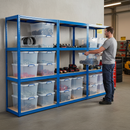 3x Heavy Duty Shelving Units - 1600mm High - Blue with 12x 33.5L Storage Boxes