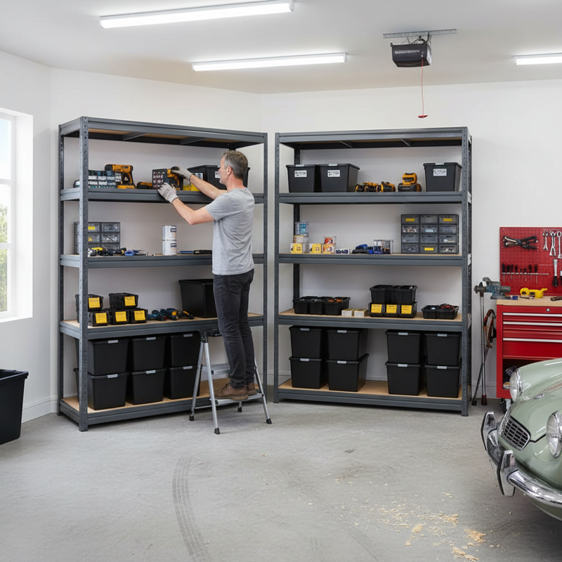 4x Premium Heavy Duty Shelving - 1770mm High - Grey with 8x 62L Storage Boxes