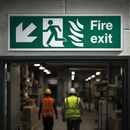 Fire Exit Sign – Arrow Down/Left – Flames & Running Man – Safety
