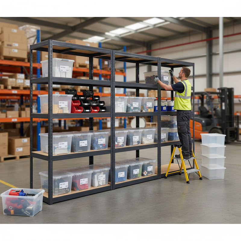 3x Heavy Duty Shelving Unit - 2130mm High - Grey with 12x 60L Storage Boxes