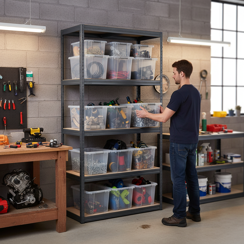 Heavy Duty Shelving Unit 1600mm High with 12x 60L Plastic Storage Boxes