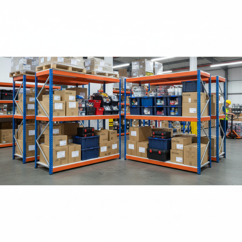 4x Heavy Duty Industrial Shelving - 2440mm High - 400kg Capacity - Melamine - Blue & Orange