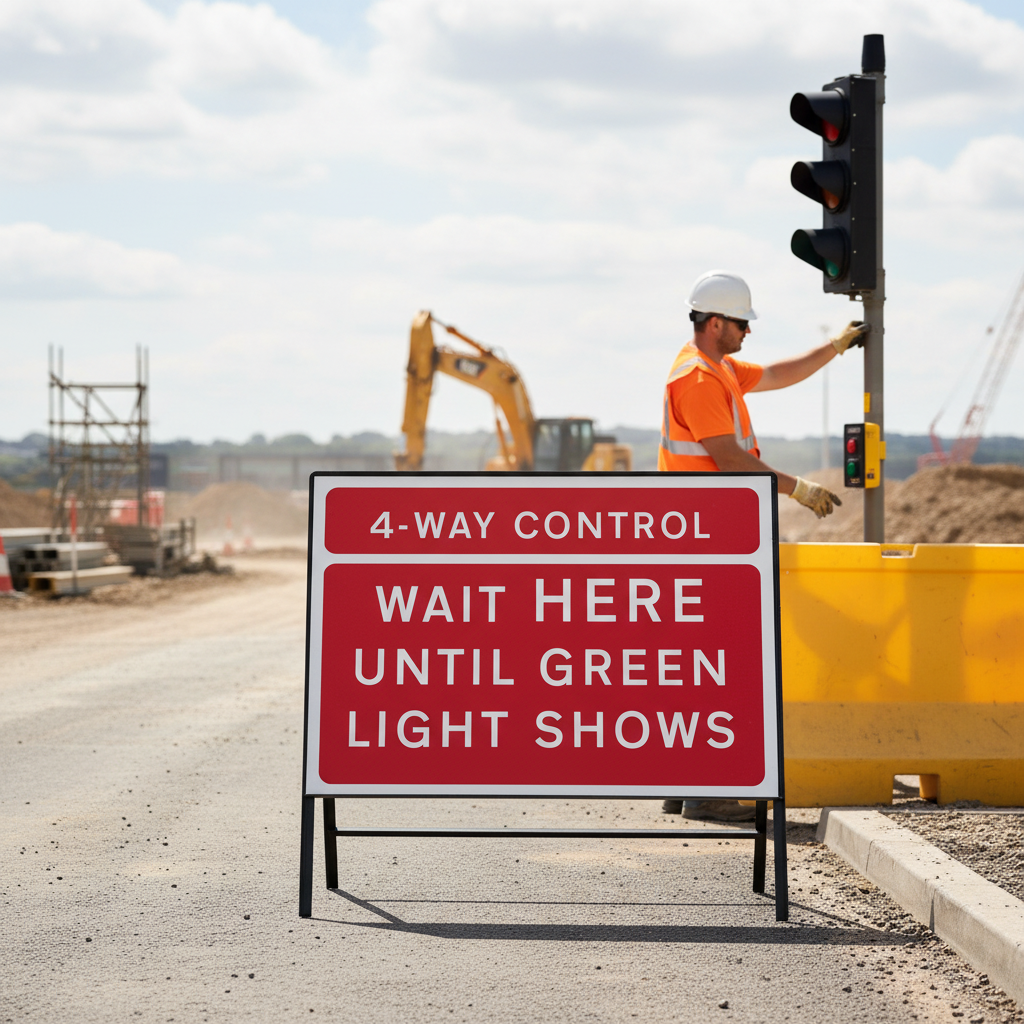 Premium 4-Way Control Metal Road Sign - Wait HERE Until Green Light Sh
