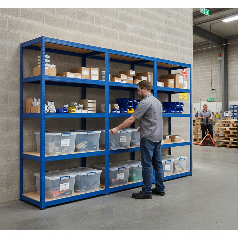 Premium 3x Shelving Units - 2130mm High - Blue with 8x 33.5L Storage Boxes