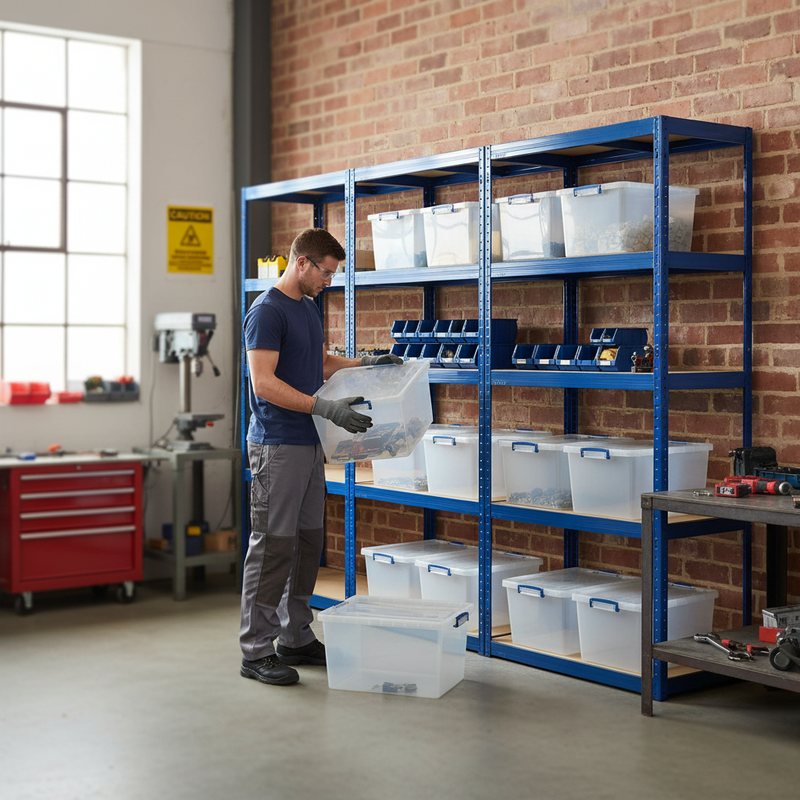 Heavy Duty 3x Shelving Units - 1800mm High - Blue with 8x 33.5L Storage Boxes