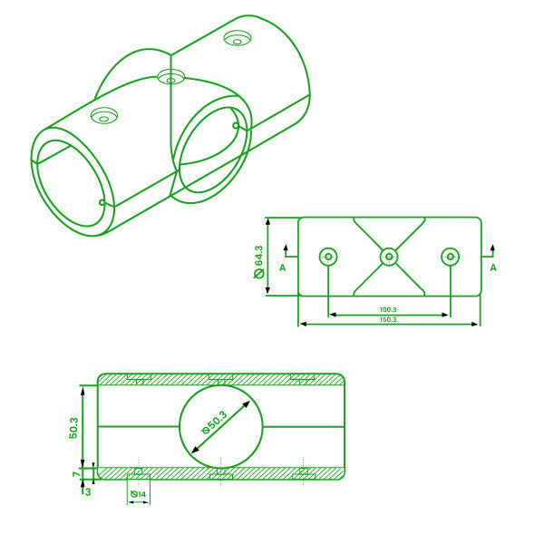 GRP 4 Way Cross Connector – Yellow Clamp for 50mm Handrail Tube
