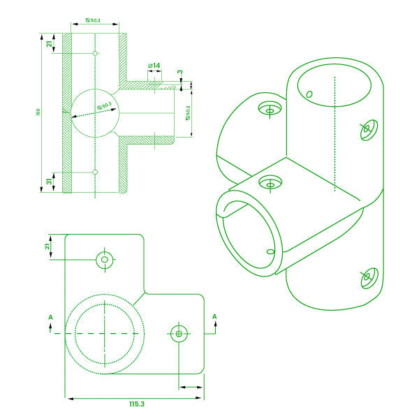 GRP 4 Way Corner – Yellow Clamp for 50mm Handrail Tube