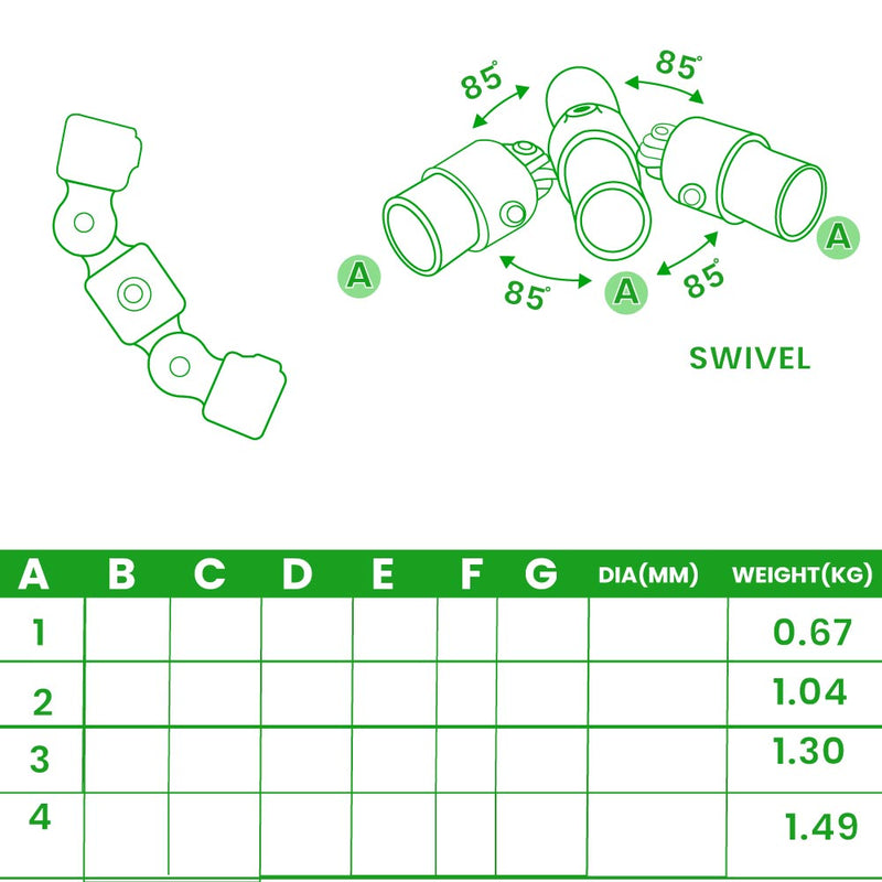 Double Swivel Clamp – Flexible Joint Fitting, 26.9mm to 48.3mm Tube