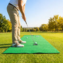Golf putting mat with non-crease polyester surface for indoor and outdoor use
