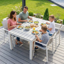 Outdoor dining table set with white aluminium frame and grey ceramic tabletop - product detail