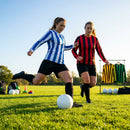 Women's football kit with long-sleeved striped shirt, shorts, and knee-high socks - product detail