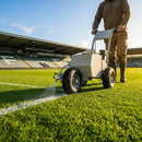Electric line marking machine for sports pitches, featuring adjustable width and zinc-plated steel frame