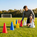 Set of vibrant football training cones in various sizes and colours