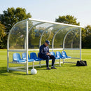 Fixed team shelter with aluminium frame and polycarbonate panels for sports