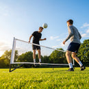 Adjustable football tennis net in use on a football field - product detail