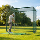 Socketed golf cage with green netting, ideal for garden and range use