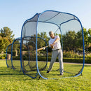 Baseball batting cage extender setup with fibreglass frame and polyester netting