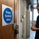 Keep Locked Shut Sign – 70mm x 70mm – Brushed Aluminium – Industrial Use