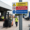 Caution Pedestrian Area Do Not Exceed 10mph Sound Your Horn Sign – 1mm Rigid Plastic – Indoor/Outdoor Use