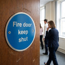 Fire Door Keep Shut Sign – 76mm Diameter – Aluminium, Brass, Steel – Indoor Use