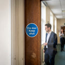 Fire Door Keep Shut Window Sticker – 100mm x 100mm – Self-Adhesive – Indoor Use