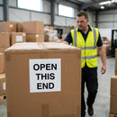Open This End Labels – 75mm x 100mm – Self Adhesive Vinyl – Indoor Use