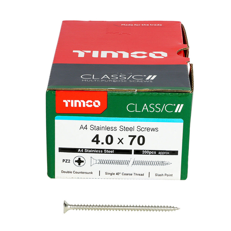 TIMCO Classic Multi-Purpose Countersunk A4 Stainless Steel Woodcrews - 4.0 x 70