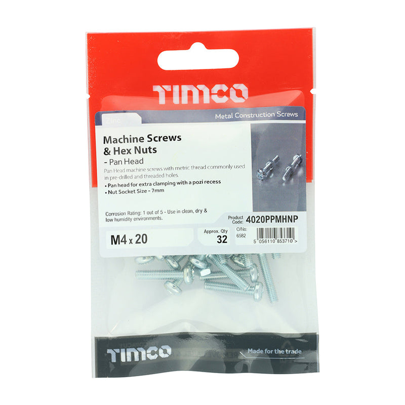 TIMCO Machine Pan Head Screws & Hex Nut Silver - M4 x 20