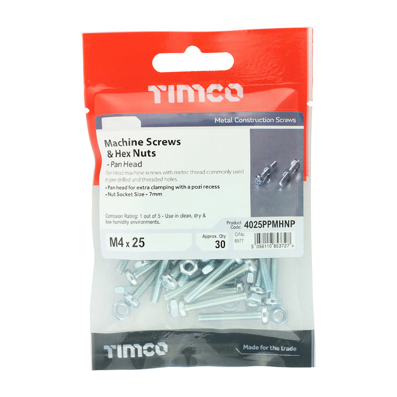 TIMCO Machine Pan Head Screws & Hex Nut Silver - M4 x 25