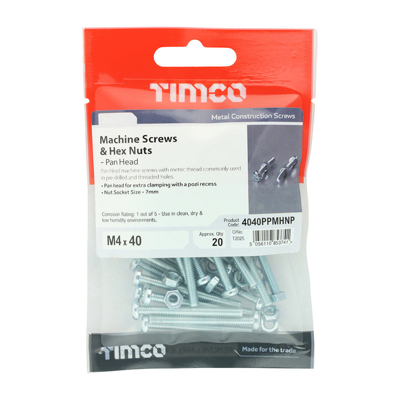 TIMCO Machine Pan Head Screws & Hex Nut Silver - M4 x 40