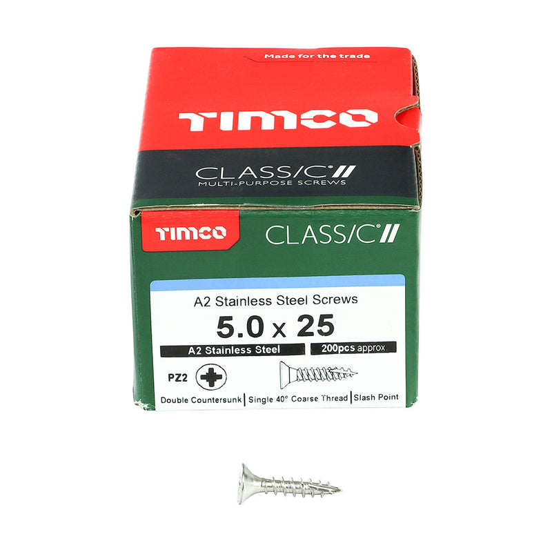 TIMCO Classic Multi-Purpose Countersunk A2 Stainless Steel Woodcrews - 5.0 x 25