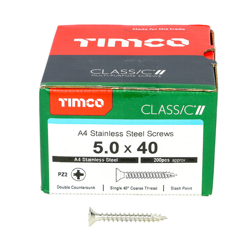 TIMCO Classic Multi-Purpose Countersunk A4 Stainless Steel Woodcrews - 5.0 x 40