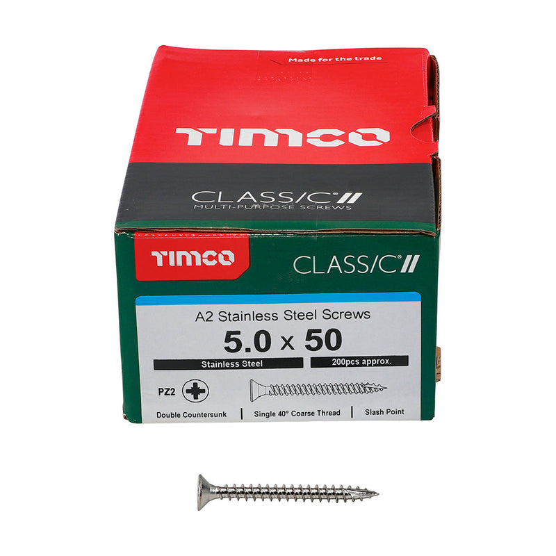 TIMCO Classic Multi-Purpose Countersunk A2 Stainless Steel Woodcrews - 5.0 x 50