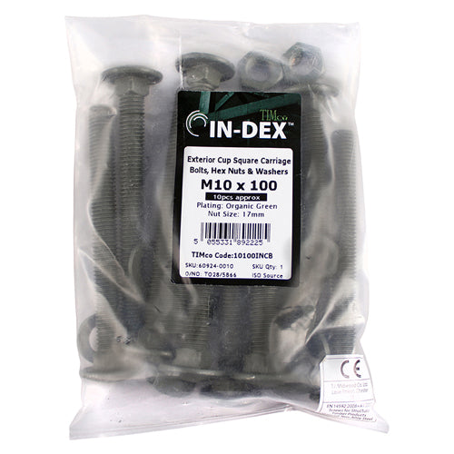 TIMCO Carriage Bolts DIN603 Hex Nuts & Form A Washers Green Exterior - M10 x 200