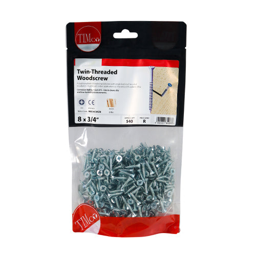 TIMCO Twin-Threaded Countersunk Silver Woodscrews - 8 x 3/4