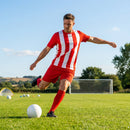 Men's striped football kit with shirt, shorts, and socks