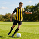 Men's striped football kit with shirt, shorts, and socks