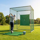 Socketed golf cage with green netting, ideal for garden and range use