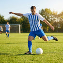 Men's striped football kit with shirt, shorts, and socks