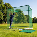 Socketed golf cage with green netting, ideal for garden and range use