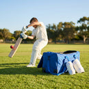 Cricket players set with gloves, pads, abdo guard, and wheelie bag