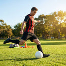 Men's striped football kit with shirt, shorts, and socks